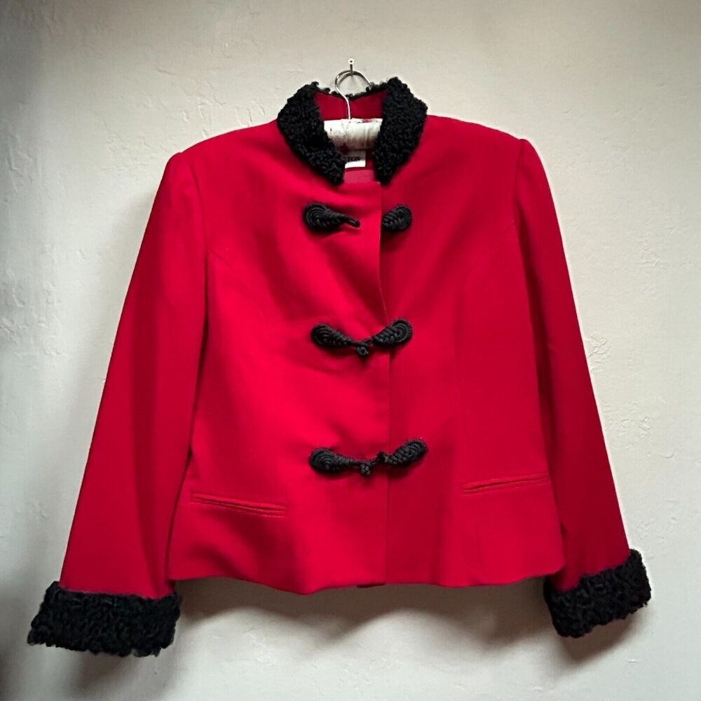 Vintage George Simonton Women's Size 14 Red/Black Wool Knot Button Blazer Jacket